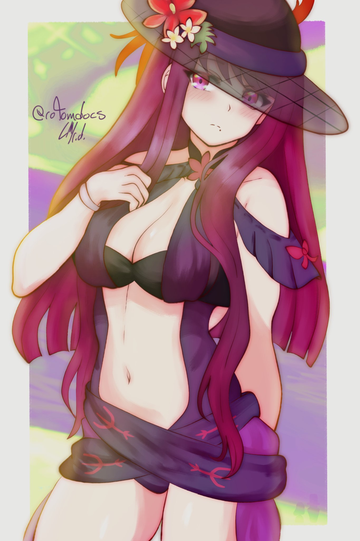 1girl 1girl alternate_costume big_breasts black_hat blue_one-piece_bikini blush bracelet cleavage commentary female_focus fire_emblem fire_emblem_engage fire_emblem_heroes flower flower_as_hat hat high_res intelligent_systems ivy_(fire_emblem) ivy_(summer)_(fire_emblem) jewelry matching_hair/eyes mole navel nintendo official_alternate_costume one-piece_bikini purple_eyes purple_hair rotomdocs signature stomach sun_hat swimsuit