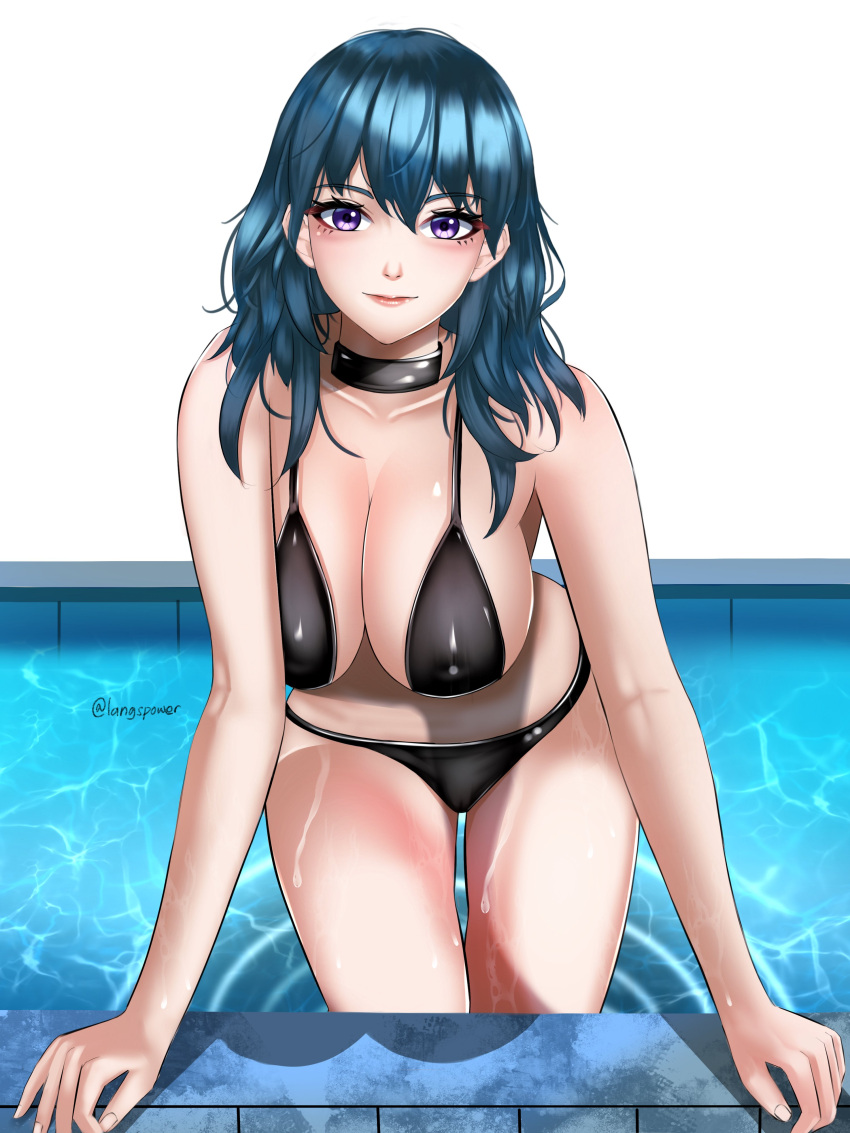 1girl absurd_res alluring alternate_costume bare_shoulders big_breasts bikini black_bikini black_choker blue_eyes blush byleth_(fire_emblem) byleth_(fire_emblem)_(female) choker cleavage closed_mouth collarbone covered_erect_nipples fire_emblem fire_emblem:_three_houses high_res intelligent_systems langspower long_hair looking_at_viewer navel nintendo pool sideboob smile stomach swimming_pool swimsuit teal_hair thighs water wet