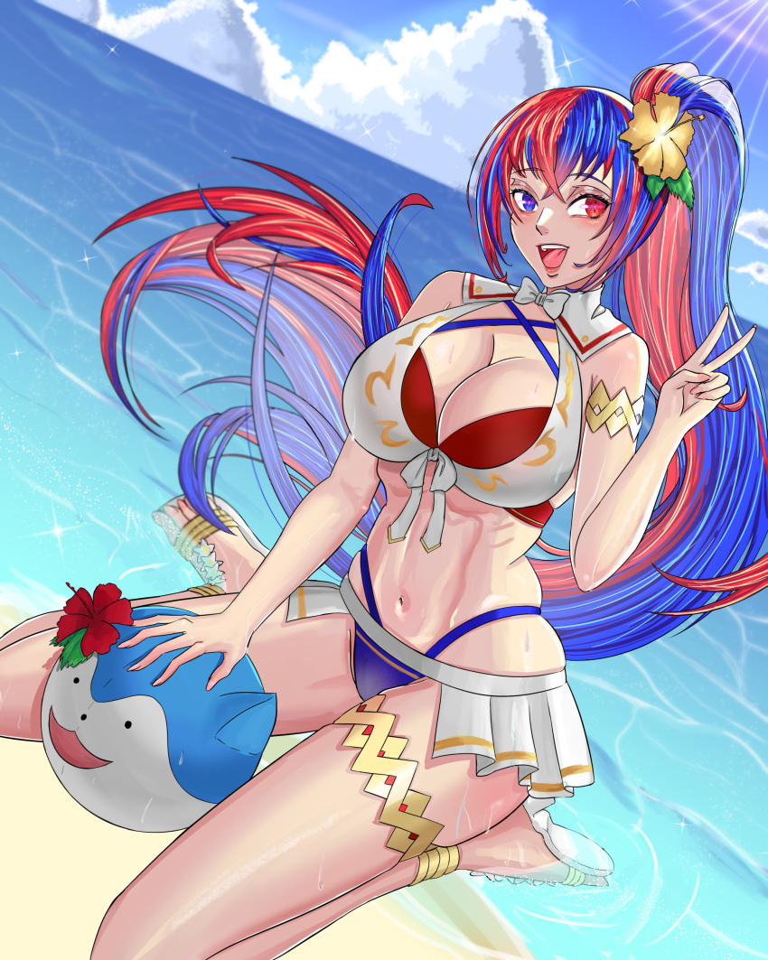 1girl alboire alear_(female)_(fire_emblem) alear_(female)_(seaside_dragon)_(fire_emblem) alear_(fire_emblem) alluring beach big_breasts blue_and_red_hair blue_sky cleavage fire_emblem fire_emblem_engage heterochromia intelligent_systems nintendo ocean pin_up