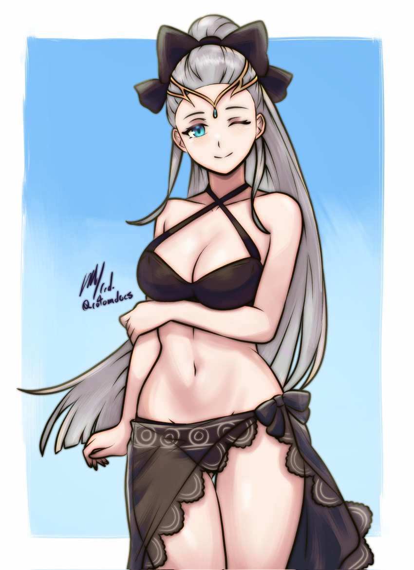 1girl alluring arm_under_breasts bikini bikini_skirt black_bikini blue_eyes bow cleavage commission commissioner_upload eir_(fire_emblem) eir_(summer)_(fire_emblem) fire_emblem fire_emblem_heroes gold_tiara hair_bow high_res intelligent_systems long_hair medium_breasts navel nintendo one_eye_closed ponytail rotomdocs see-through_clothes see-through_skirt sidelocks skirt smile swimsuit tiara white_hair