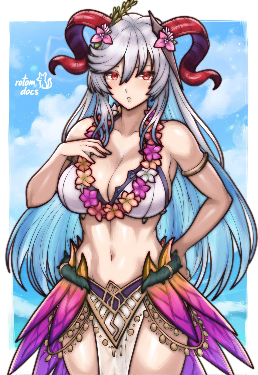 1girl alluring armlet big_breasts bikini commission curled_horns fire_emblem fire_emblem_heroes flower flower_necklace freyja_(fire_emblem) freyja_(summer)_(fire_emblem) goat_horns high_res horns intelligent_systems jewelry ko-fi_commission large_horns long_hair looking_at_viewer necklace nintendo official_alternate_costume red_horns rotomdocs swimsuit white_bikini
