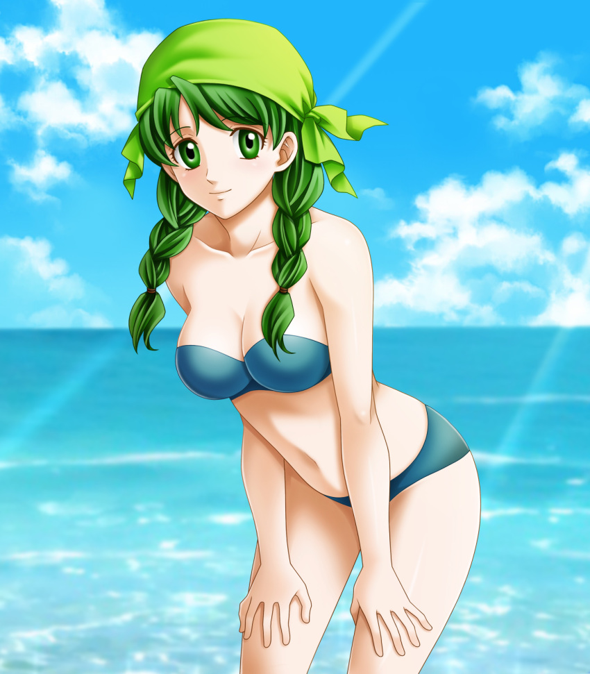 1girl alluring bandana bikini braid fire_emblem fire_emblem:_the_blazing_blade green_eyes green_hair high_res intelligent_systems nintendo rebecca_(fire_emblem) swimsuit tamamon twin_braids twin_tails