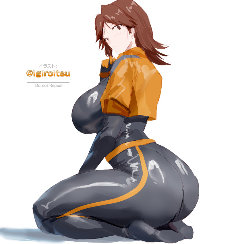 1girl big_breasts brown_eyes brown_hair bubble_butt cleavage horny igiroitsu inviting_to_sex looking_at_viewer mii mii_(nintendo) mii_gunner nintendo pose sitting super_mario_bros. teasing thick_thighs