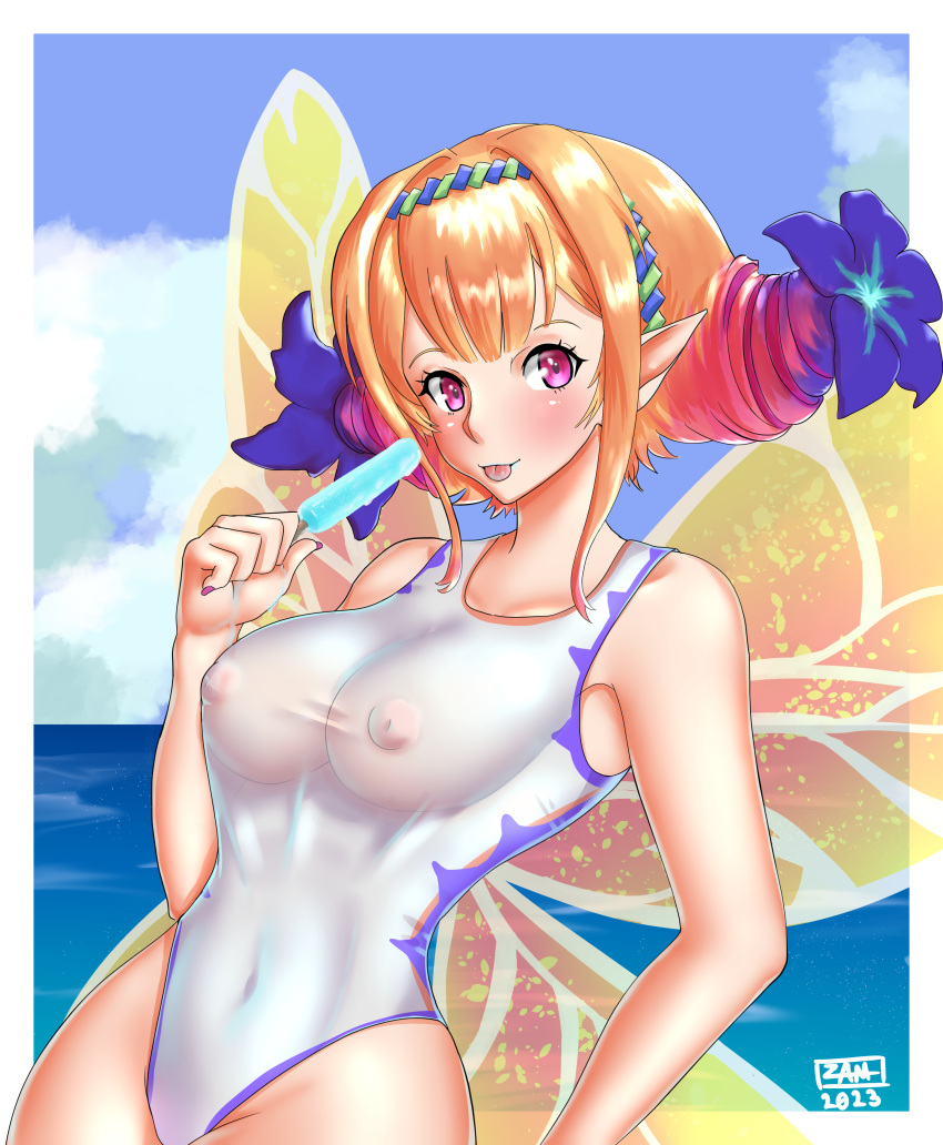 1girl :p alluring alternate_costume bare_arms bare_thighs covered_areola covered_navel covered_nipples eating fairy fairy_wings female_only fire_emblem fire_emblem_heroes food ice_cream intelligent_systems medium_breasts melting melting_popsicle multicolored_hair nail_polish nintendo ocean one-piece_bikini orange_hair outside peony_(fire_emblem) pink_eyes pointy_ears popsicle purple_nails see-through short_hair smile swimsuit thighs tongue tongue_out white_one-piece_swimsuit white_swimsuit wings zamtranger
