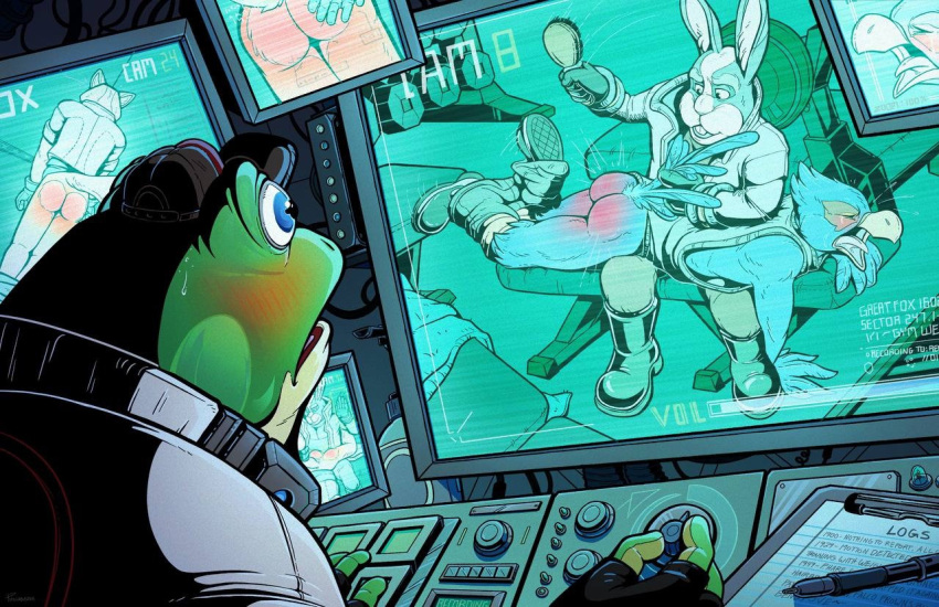 2025 anthro blue_eyes blush bottomless camera discipline falco_lombardi fox_mccloud hairbrush humiliation nintendo no_visible_genitalia otk over_the_knee peppy_hare phillabuster rubbing_ass slippy_toad spanked_butt spanking star_fox story_in_description sweatdrop