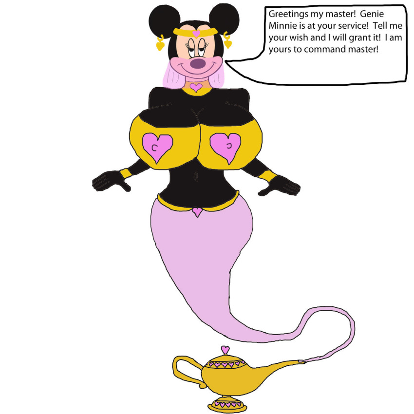1girl 1girl big_breasts disney earrings english_text eyelashes female_only furry genie_girl lamp magic_lamp minnie_mouse mouse navel sexy sexy_body smiling_at_viewer speech_bubble white_background