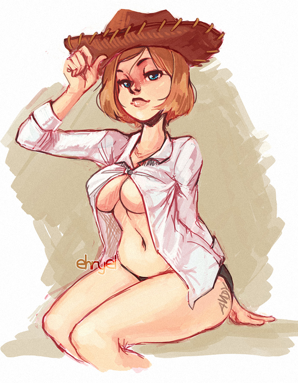 1girl 1girl blue_eyes cosplay cowboy_hat cowgirl disney ehryel looking_at_viewer milf mrs._davis open_clothes open_shirt panties pixar pixar_mom shirt text_on_ass toy_story unbuttoned_shirt