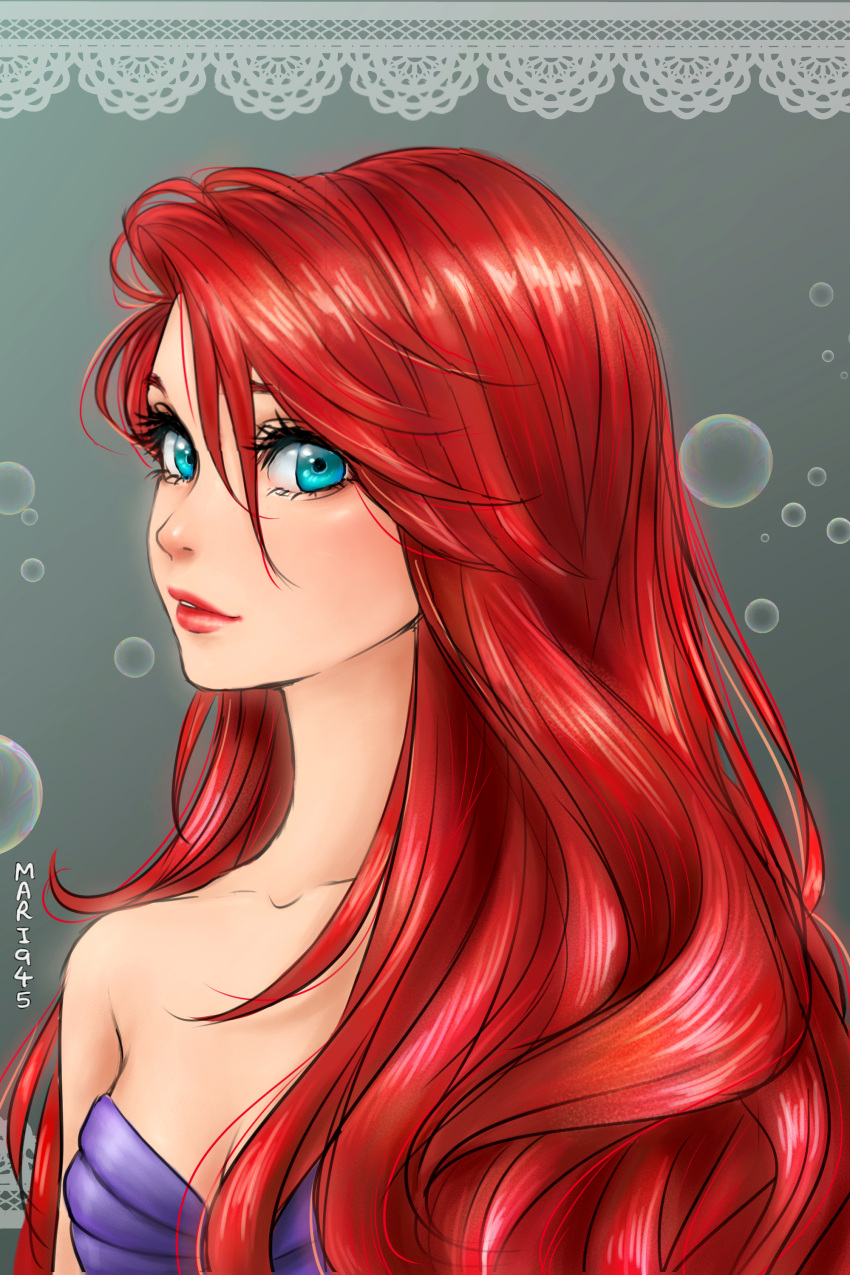 1girl air_bubbles aqua_eyes arm_at_side bare_shoulders bikini breasts bubble closed_mouth disney disney_princess female_only female_solo grey_background hair_between_eyes lips lipstick long_hair looking_at_viewer makeup mari945 mari945_(artist) mermaid neck princess princess_ariel purple_bikini purple_swimsuit red_hair red_lipstick shell shell_bikini small_breasts smile straight_hair strapless strapless_bikini strapless_swimsuit swimsuit the_little_mermaid the_little_mermaid_(1989_film) underwater upper_body