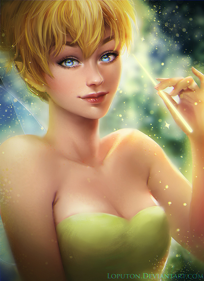 1girl arm_at_side bare_arms bare_shoulders blonde_female blonde_hair blue_eyes blurry blurry_background breasts cleavage closed_smile collarbone disney disney_fairies dress fairy fairy_wings female_only female_solo green_dress hair_bun hand_up holding holding_object light_particles lips looking_at_viewer loputon loputon_(artist) magic makeup medium_breasts naughty_face neck peter_pan peter_pan_(1953_film) peter_pan_(disney) pointy_ears red_lipstick short_hair smile strapless strapless_dress tied_hair tinker_bell tinker_bell_(series) upper_body wings