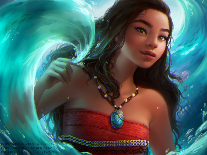 1girl arm_at_side bare_shoulders black_hair breasts brown_eyes closed_mouth dark-skinned_female dark_skin disney female_only female_solo half-closed_eyes hand_up jewel lips lipstick long_hair looking_at_viewer loputon loputon_(artist) magic makeup moana_(disney) moana_waialiki neck necklace ocean red_tubetop small_breasts smile strapless teenage_girl teenager thick_eyebrows thick_lips tubetop upper_body water waves wavy_hair
