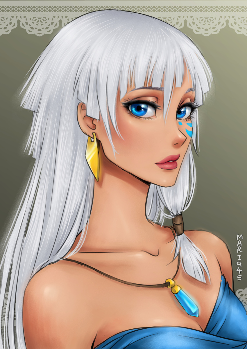 1girl arms_at_sides atlantis:_the_lost_empire bare_arms bare_shoulders blue_clothing blue_eyes breasts cleavage collarbone disney earrings expressionless facial_mark female_only female_solo gold_earrings gold_jewelry gradient gradient_background grey_background grin hair_between_eyes jewelry kida kidagakash kidagakash_'kida'_nedakh light_smile lips lipstick long_hair looking_at_viewer makeup mari945 mari945_(artist) medium_breasts neck necklace parted_lips pink_lipstick princess_kidagakash red_lipstick smile straight_hair strapless tied_hair upper_body white_hair
