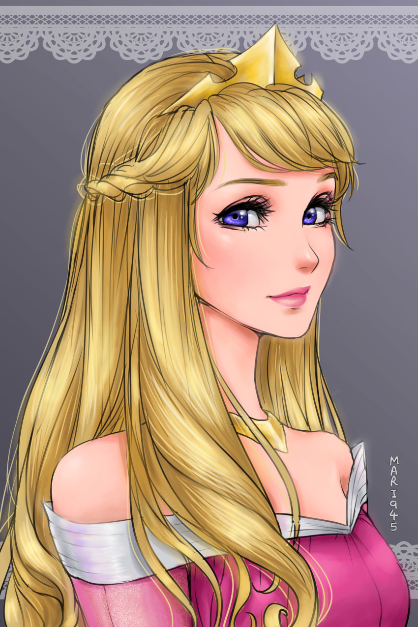1girl arms_at_sides aurora_(sleeping_beauty) bare_shoulders blonde_hair braid breasts closed_mouth crown disney disney_princess dress female_only female_solo gold_crown gold_jewelry gold_necklace grey_background jewelry lips lipstick long_hair looking_at_viewer makeup mari945 mari945_(artist) medium_breasts neck necklace off-shoulder_dress off_shoulder pink_dress pink_lipstick princess princess_aurora sleeping_beauty sleeping_beauty_(1959_film) smile straight_hair upper_body