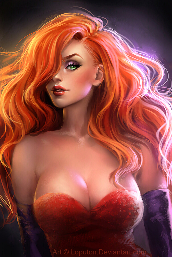1girl arms_at_sides bare_shoulders big_breasts breasts cleavage collarbone disney dress elbow_gloves eyeshadow female_only female_solo gloves green_eyes hair_over_one_eye half-closed_eyes head_tilt jessica_rabbit lips lipstick long_hair looking_at_viewer loputon loputon_(artist) makeup neck orange_hair parted_lips purple_eyeshadow purple_gloves red_dress red_lipstick serious straight_hair strapless strapless_dress upper_body wavy_hair who_framed_roger_rabbit