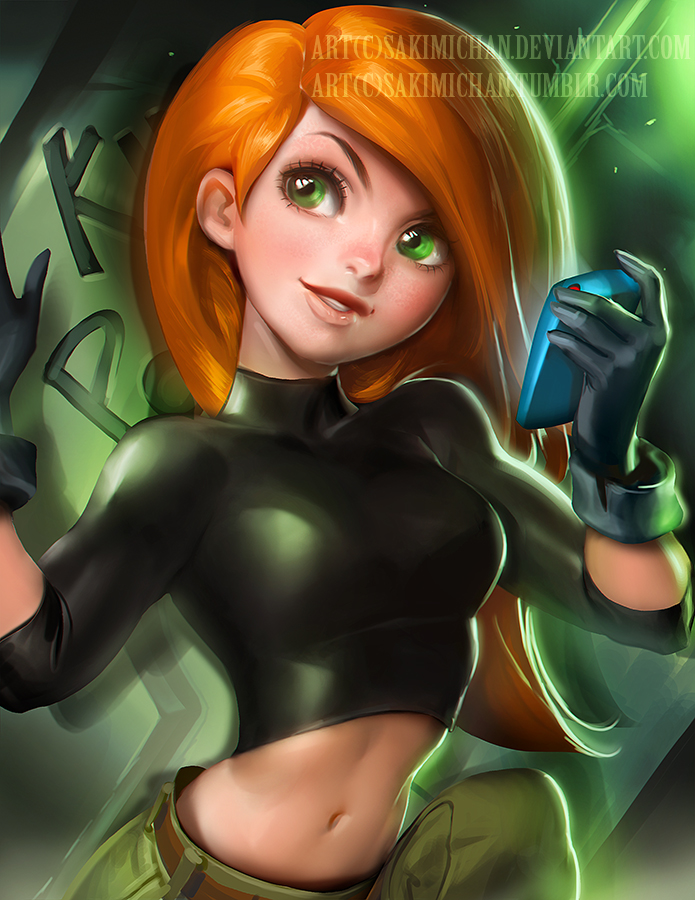 1girl bangs belt black_shirt breasts brown_belt brown_lipstick clenched_teeth disney female_only female_solo gloves green_eyes green_pants grey_gloves grin hands_up head_tilt heroine holding holding_object kim_possible kimberly_ann_possible lips lipstick long_hair long_sleeves looking_at_viewer makeup medium_breasts midriff naughty_face navel neck orange_hair pants parted_lips round_teeth sakimichan shirt skin_tight smile straight_hair swept_bangs teen teenage_girl teeth turtleneck turtleneck_shirt