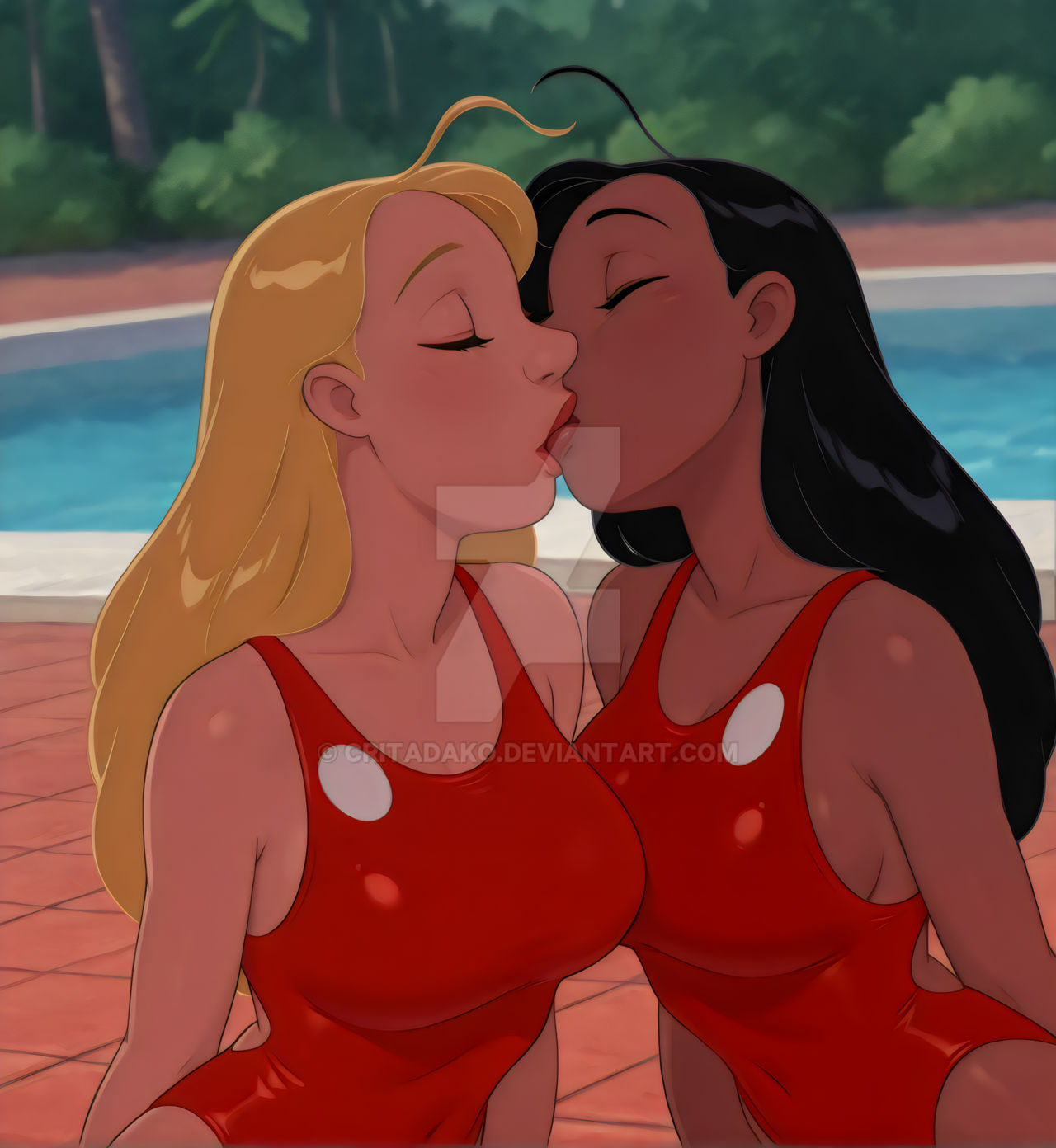 2_girls ahoge alternate_costume arm_at_side arm_behind_back bare_arms bare_shoulders big_breasts black_hair blonde_female blonde_hair breasts bush bushes closed_eyes collarbone couple covered_navel critadako dark-skinned_female dark_skin day disney duo female/female female_only interracial interracial_yuri jungle kissing lifeguard_(lilo_and_stitch) lilo_and_stitch lips lipstick long_hair love makeup medium_breasts multiple_girls mutual_yuri nani_pelekai nature neck one-piece_swimsuit outside palm_tree pool red_lipstick red_one-piece_swimsuit red_swimsuit romantic romantic_couple swimsuit tree water yuri