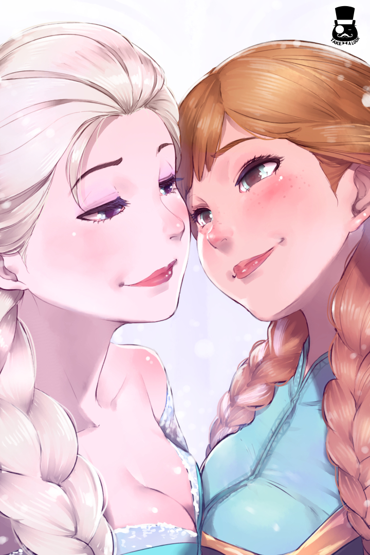 2_girls anna_(frozen) aqua_eyes bare_shoulders blonde_hair blonde_hair_female blue_eyes blush braid breast_press breasts brown_hair cleavage collarbone couple dark-skinned_female dark_skin disney duo elsa elsa_(frozen) eye_contact eyebrows_visible_through_hair eyeshadow face-to-face female/female female_only frozen_(movie) half-closed_eyes head_tilt incest incest_yuri incipient_kiss lavender_eyeshadow lips lipstick long_hair looking_at_another love makeup medium_breasts mr.takealook multiple_girls mutual_yuri neck off_shoulder parted_bangs red_lipstick romantic romantic_couple siblings single_braid sisters straight_hair symmetrical_docking tied_hair twin_braids upper_body yuri