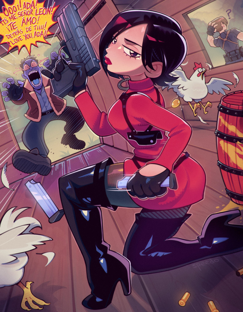 1girl ada_wong ada_wong_(adriana) asian asian_female biohazard biohazard_4 black_hair bomber_jacket boots chicken clothed dark_hair dialogue fully_clothed ganado gun handgun jacket leon_kennedy leon_scott_kennedy resident_evil resident_evil_4 resident_evil_4_(remake) resident_evil_4_remake sexually_suggestive short_hair speedoru speedosausage stockings suggestive suggestive_pose suggestive_posing thigh_high_boots turtleneck turtleneck_sweater twitter weapon