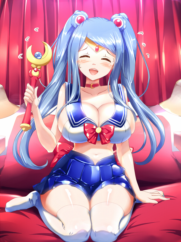1girl adult_swim alternate_costume alternate_version_available bare_midriff bed big_breasts bishoujo_senshi_sailor_moon blue_hair blush choker cleavage closed_eyes closed_eyes_smile clothing cosplay crossover embarrassed female_only fire_emblem fire_emblem_engage intelligent_systems kneel long_hair lumera_(fire_emblem) midriff milf miniskirt nervous nervous_smile nintendo on_bed open_mouth pillow revealing_clothes skirt smile staff stockings toei_animation toonami twin_tails viz_media voice_actor_connection yanmarson