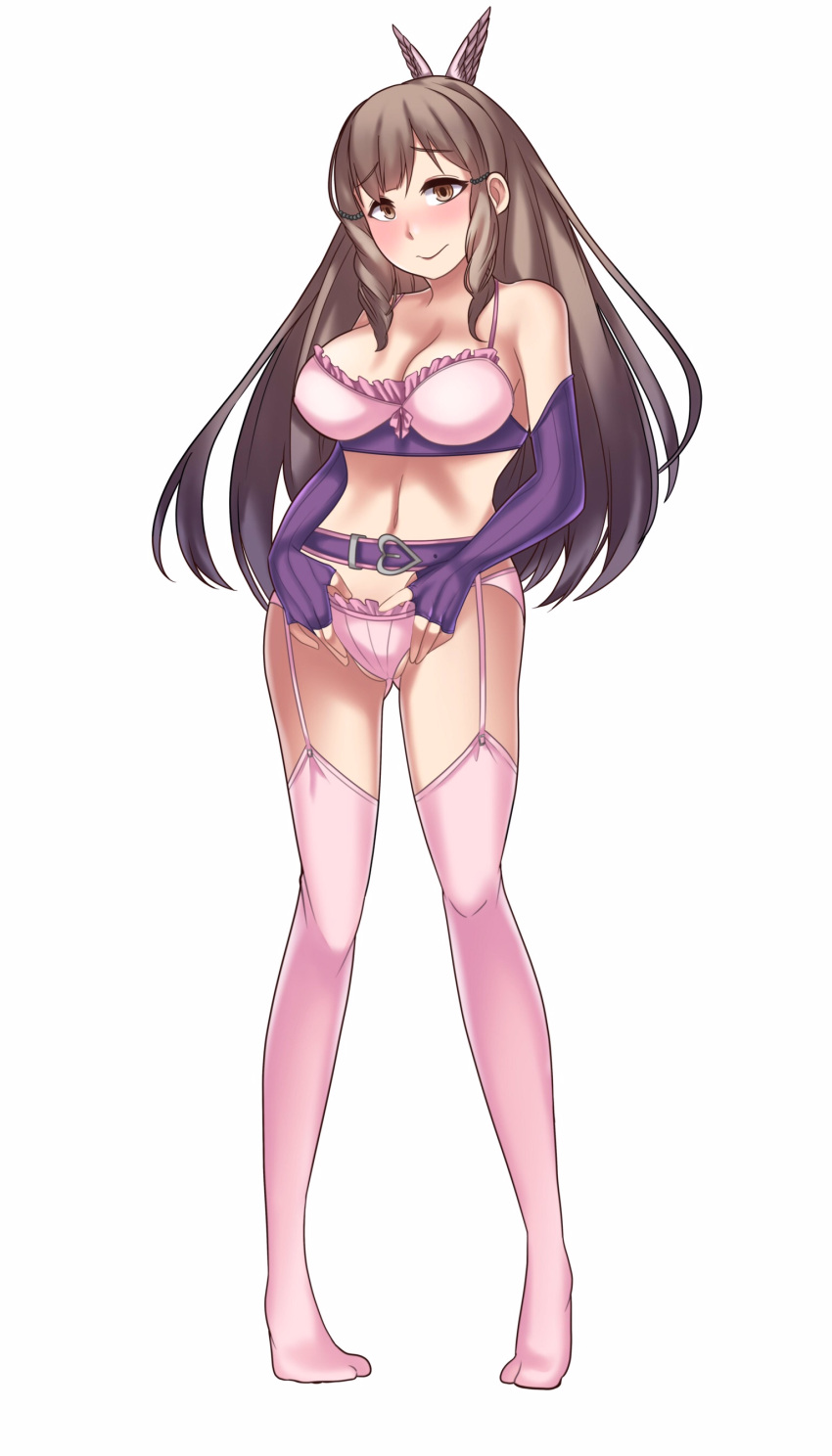 1girl alluring bare_shoulders big_breasts blush bra brown_eyes brown_hair cleavage commission elbow_gloves fingerless_gloves fire_emblem fire_emblem_awakening garter_belt gloves hair_ornament hilmeen intelligent_systems long_hair looking_at_viewer nintendo panties pink_panties stockings sumia_(fire_emblem) underwear