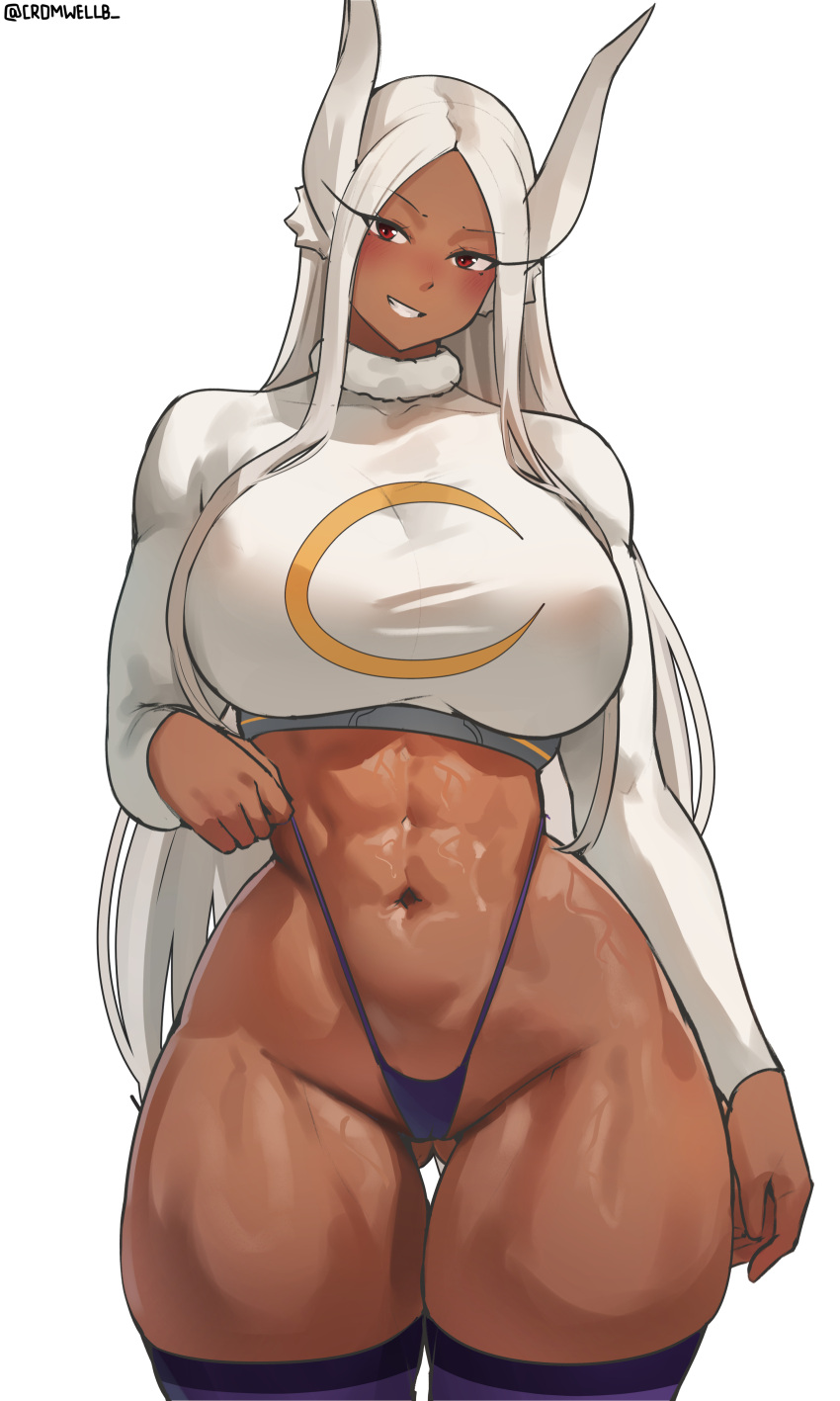 1girl big_breasts boku_no_hero_academia bubble_butt cleavage cromwellb dark-skinned_female horny inviting_to_sex looking_at_viewer mirko miruko miruko_(boku_no_hero_academia) miruko_(my_hero_academia) my_hero_academia pose red_eyes rumi_usagiyama standing stockings teasing thick_thighs usagiyama_rumi white_hair