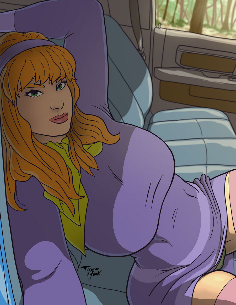 1girl big_breasts breasts car car_interior cartoon_network closed_mouth daphne_blake day dutch_angle eyeshadow female_only female_solo forest green_eyes green_scarf hair_ornament hairband hanna-barbera indoors legs legwear lips lipstick long_hair long_sleeves looking_at_viewer makeup nature naughty_face neck orange_hair pink_background pink_legwear pink_thighhighs purple_hairband purple_shirt scarf scooby-doo shirt sitting smile stockings taynorhook teen teenage_girl thick_eyebrows thighs tree