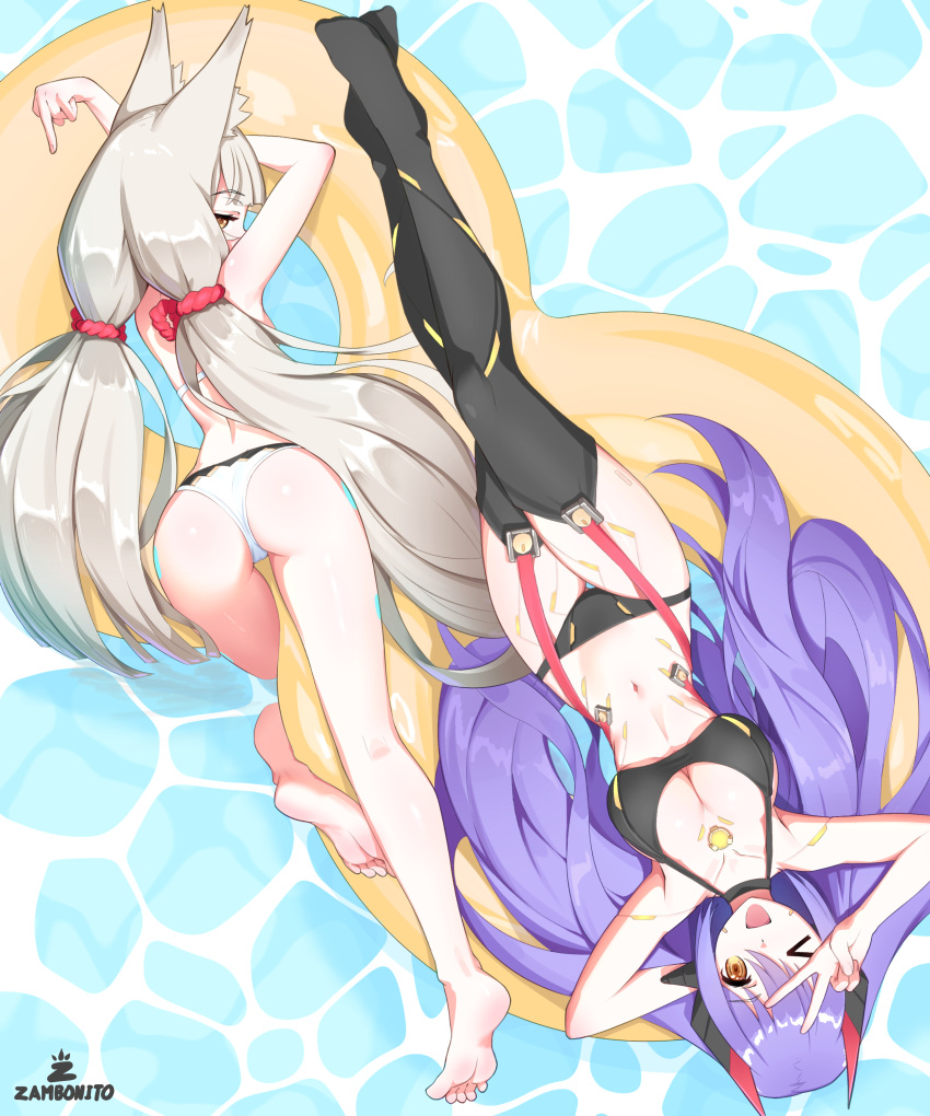 >_o 2_girls :d absurd_res alluring animal_ear_fluff animal_ears artist_name ass barefoot big_breasts bikini black_bikini black_thighhighs blonde_hair commentary english_commentary hair_spread_out hand_up high_res long_hair looking_at_viewer low_twintails lying middle_finger multiple_girls navel nia_(xenoblade) on_back on_innertube on_stomach one_eye_closed open_mouth poppi_(xenoblade) poppi_qtpi_(xenoblade) purple_hair red_rope rope smile stockings stomach swimming_pool swimsuit toes twin_tails v v_over_head very_long_hair water white_bikini xenoblade_(series) xenoblade_chronicles_2 yellow_eyes zambonito