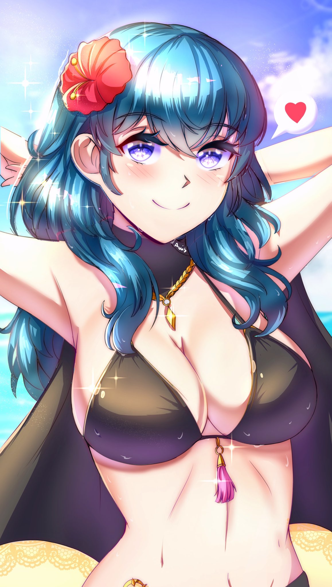 1girl 1girl 1girl alluring alternate_costume anisdrawn arms_up bangs bare_shoulders big_breasts bikini black_bikini black_swimsuit blue_sky blush byleth_(fire_emblem) byleth_(fire_emblem)_(female) cloud day female_only fire_emblem fire_emblem:_three_houses fire_emblem_heroes flower hair_flower hair_ornament heart hibiscus high_res long_hair looking_at_viewer navel nintendo official_alternate_costume outside red_flower sky smile sparkle spoken_heart stomach swimsuit teal_eyes teal_hair upper_body