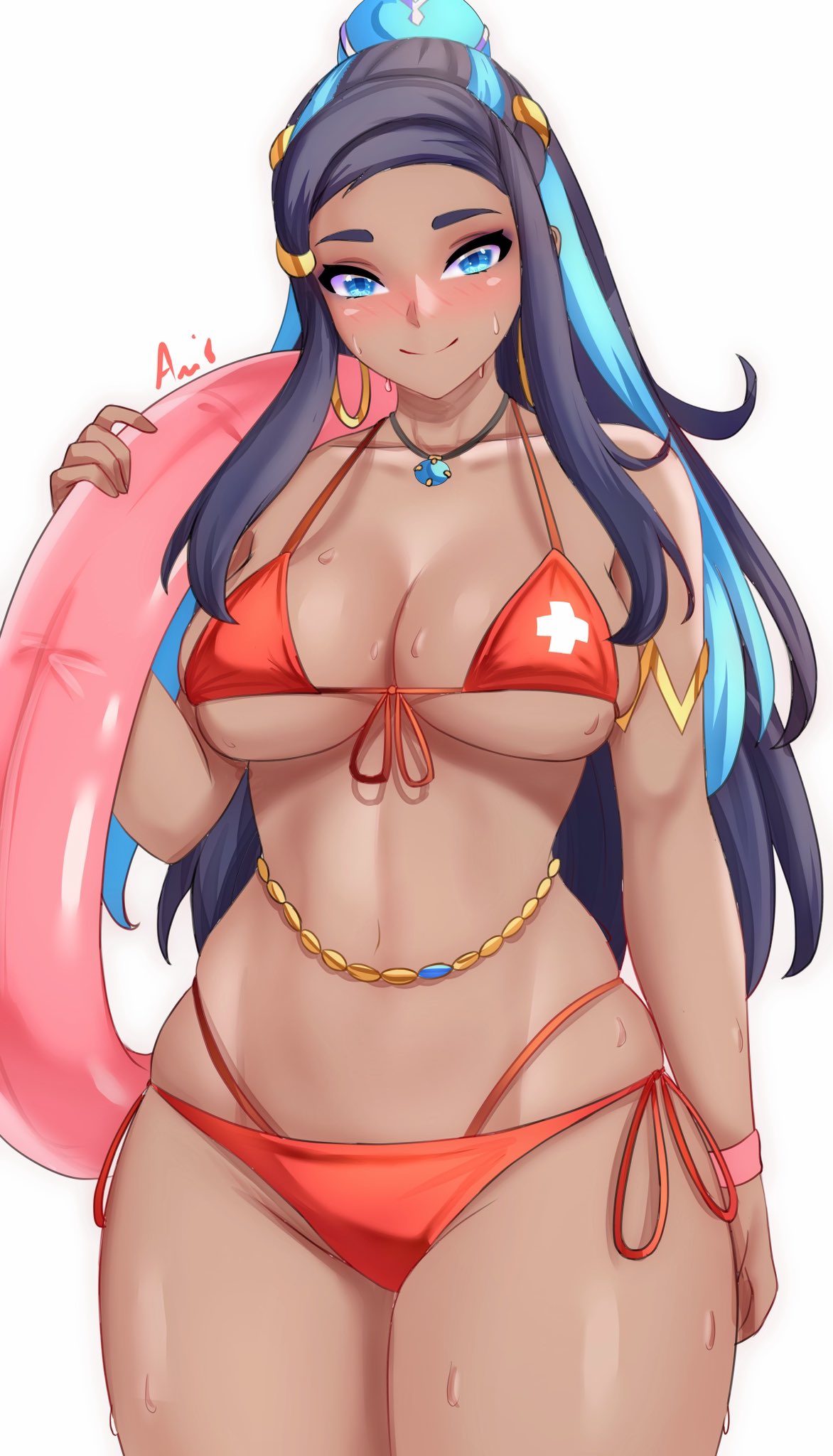 1girl 1girl 1girl alluring anisdrawn big_breasts bikini cleavage female_only holding_innertube inner_tube looking_at_viewer nessa_(pokemon) nintendo pokemon tagme under_boob