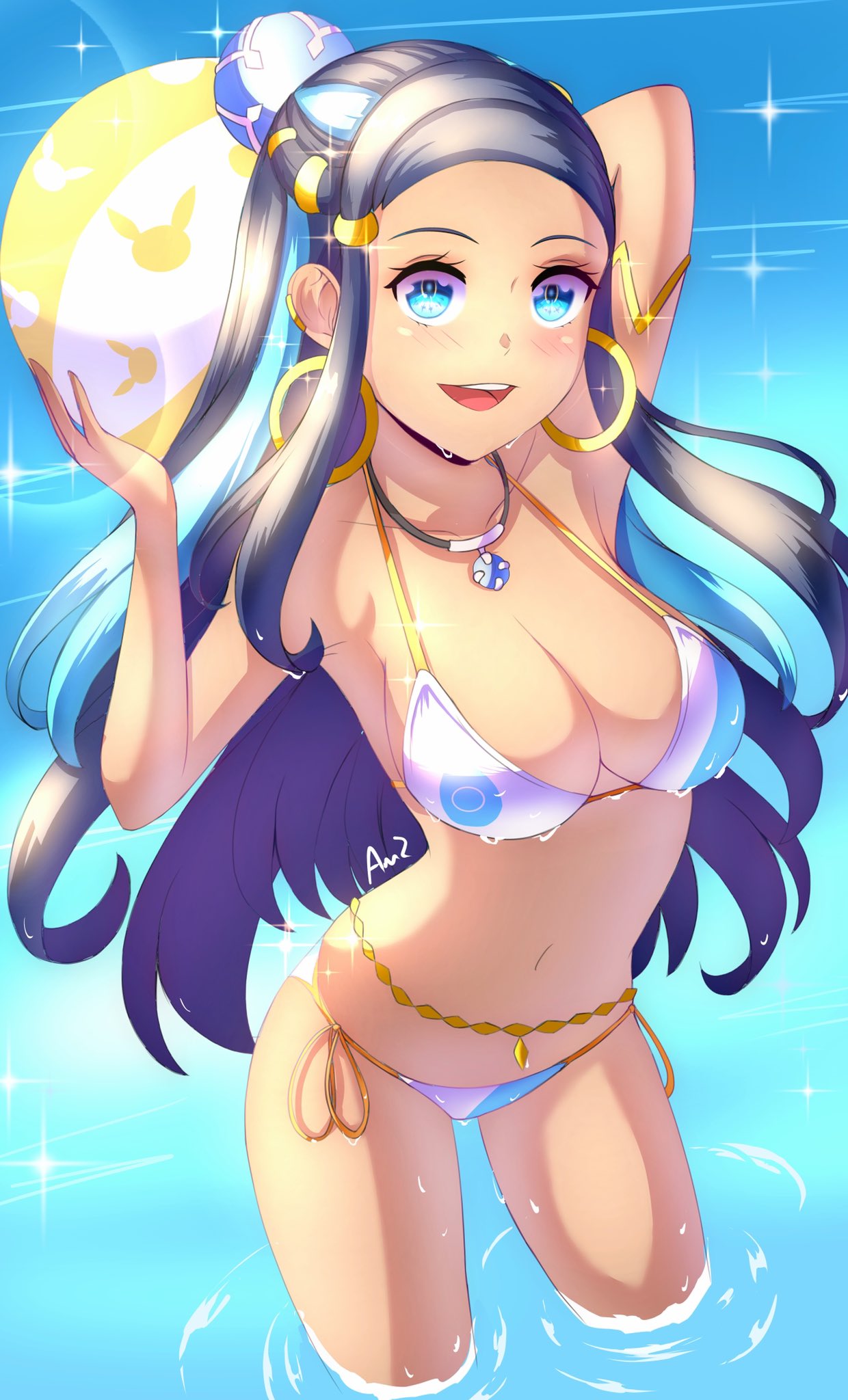 1girl 1girl 1girl alluring anisdrawn big_breasts blue_eyes earrings female_only nessa_(pokemon) nintendo open_mouth pokemon pokemon_ss