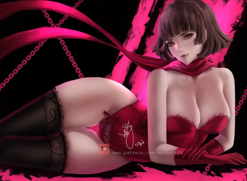 1girl 1girl 1girl alluring atlus big_breasts braid brown_hair bustier corset female_only gloves leotard lingerie looking_at_viewer lying makoto_niijima persona persona_5 presenting red_eyes scarf sega short_hair silf solo_female solo_focus stockings stockings thick_thighs weisart