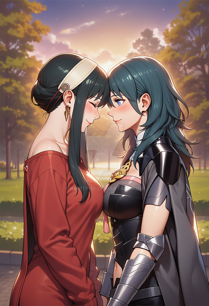 2_girls bare_shoulders big_breasts black_hair blue_eyes blue_hair blush bopitphy breast_press breasts byleth_(fire_emblem) byleth_(fire_emblem)_(female) closed_eyes closed_mouth cloud couple crossover dress duo earrings female/female female_only fire_emblem fire_emblem:_three_houses forehead-to-forehead gold_earrings gold_jewelry grass hair_between_eyes jewelry long_hair long_sleeves looking_at_another love medium_breasts multiple_girls mutual_yuri nature navel neck nintendo off-shoulder_dress off_shoulder outside park red_dress romantic romantic_couple short_hair short_hair_with_long_locks sky smile spy_x_family sunset tree yor_briar yuri