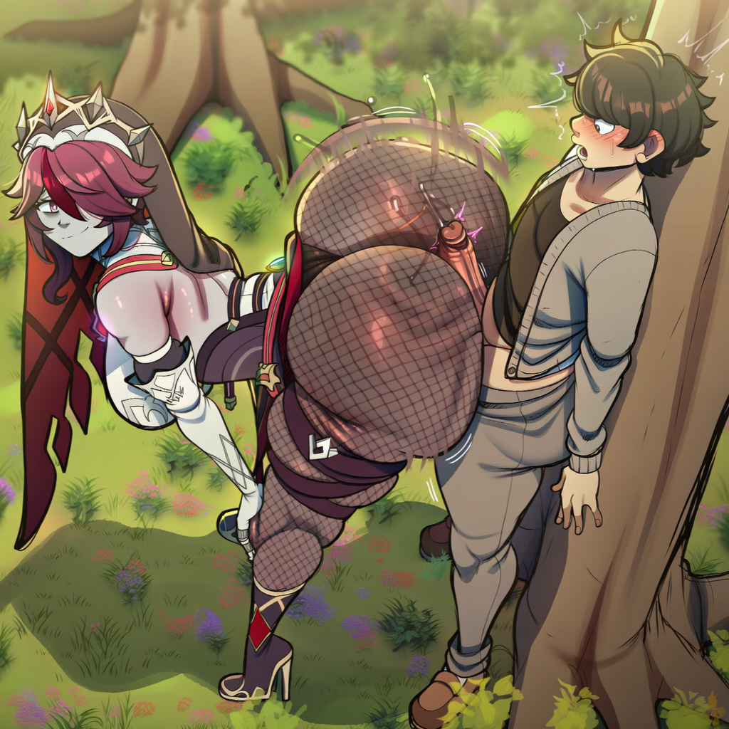 1boy 1girl ai_generated ass assjob big_ass breasts buttjob cloud115599 erection genshin_impact gigantic_ass hotdogging hoyoverse huge_ass mihoyo penis_between_ass penis_on_ass rosaria_(genshin_impact) twerking
