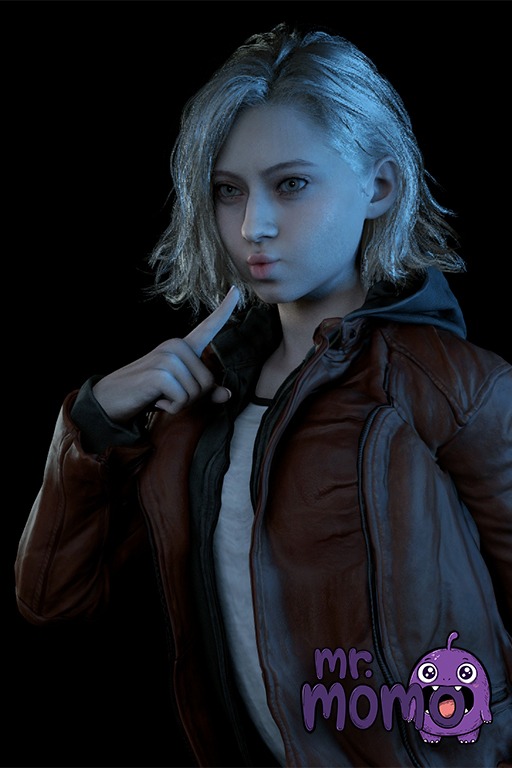 1boy 1girl 1girl 1girl ai_generated artist_logo artist_name black_background blonde_hair blue_eyes brown_jacket capcom clothing dark_background denim double_v double_w grace_ashcroft jacket jeans lenmmon lips looking_at_viewer male_focus medium_hair mr_momo open_clothes open_jacket pants red_jacket resident_evil_requiem shirt short_hair simple_background smile standing v w white_shirt
