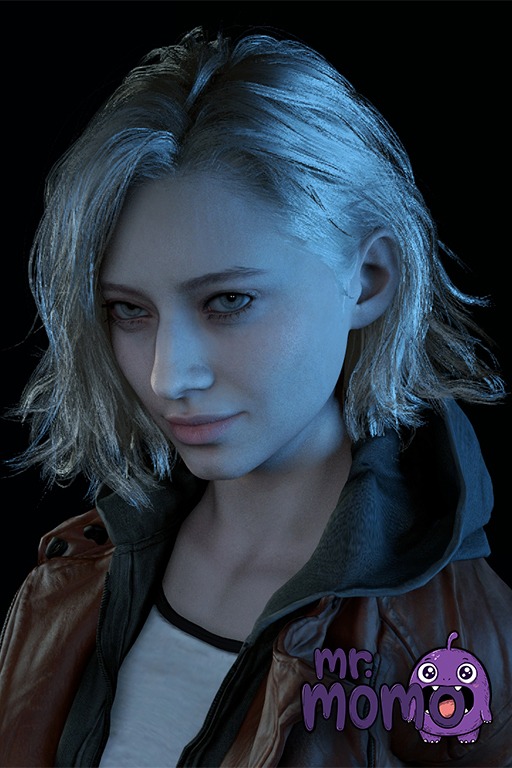 1boy 1girl 1girl 1girl ai_generated artist_logo artist_name black_background blonde_hair blue_eyes brown_jacket capcom clothing dark_background denim double_v double_w grace_ashcroft jacket jeans lenmmon lips looking_at_viewer male_focus medium_hair mr_momo open_clothes open_jacket pants red_jacket resident_evil_requiem shirt short_hair simple_background smile standing v w white_shirt