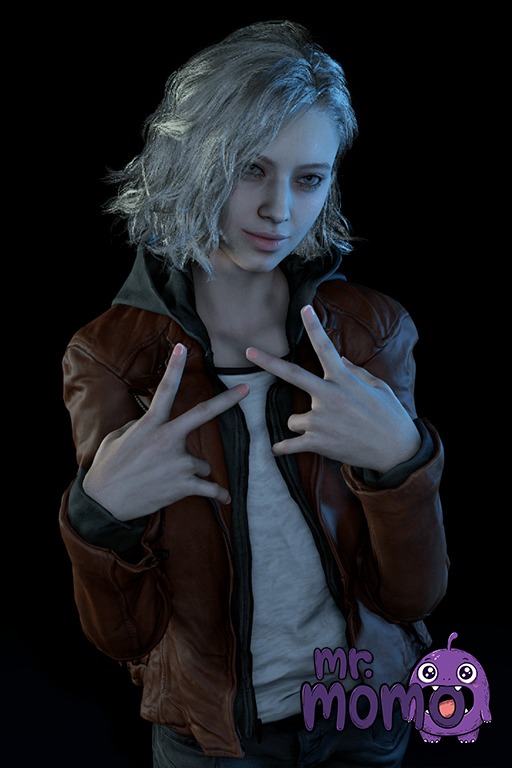 1boy 1girl 1girl 1girl ai_generated artist_logo artist_name black_background blonde_hair blue_eyes brown_jacket capcom clothing dark_background denim double_v double_w grace_ashcroft jacket jeans lenmmon lips looking_at_viewer male_focus medium_hair mr_momo open_clothes open_jacket pants red_jacket resident_evil_requiem shirt short_hair simple_background smile standing v w white_shirt