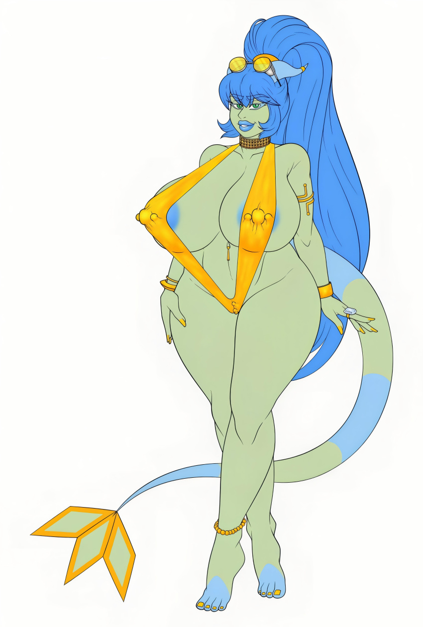 1girl big_ass big_breasts bikini blue_hair cute flygon glasses gold_bikini gold_jewelry green_skin horns long_hair luchodraws necklace piercings ponytail posing seductive sexy sling_bikini tail thick_ass thick_legs wiitenuant