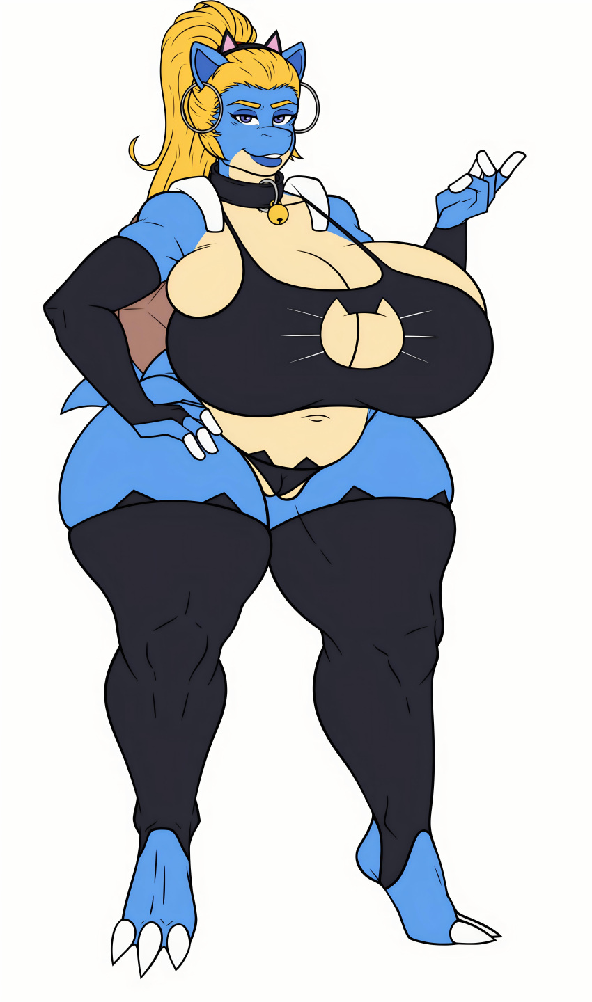 1girl big_ass big_breasts blastoise blonde_hair blue_skin cat_ears cat_lingerie cute earrings gloves lingerie long_ears long_hair luchodraws ponytail posing seductive sexy tail thick_ass thick_legs thighs wiitenuant