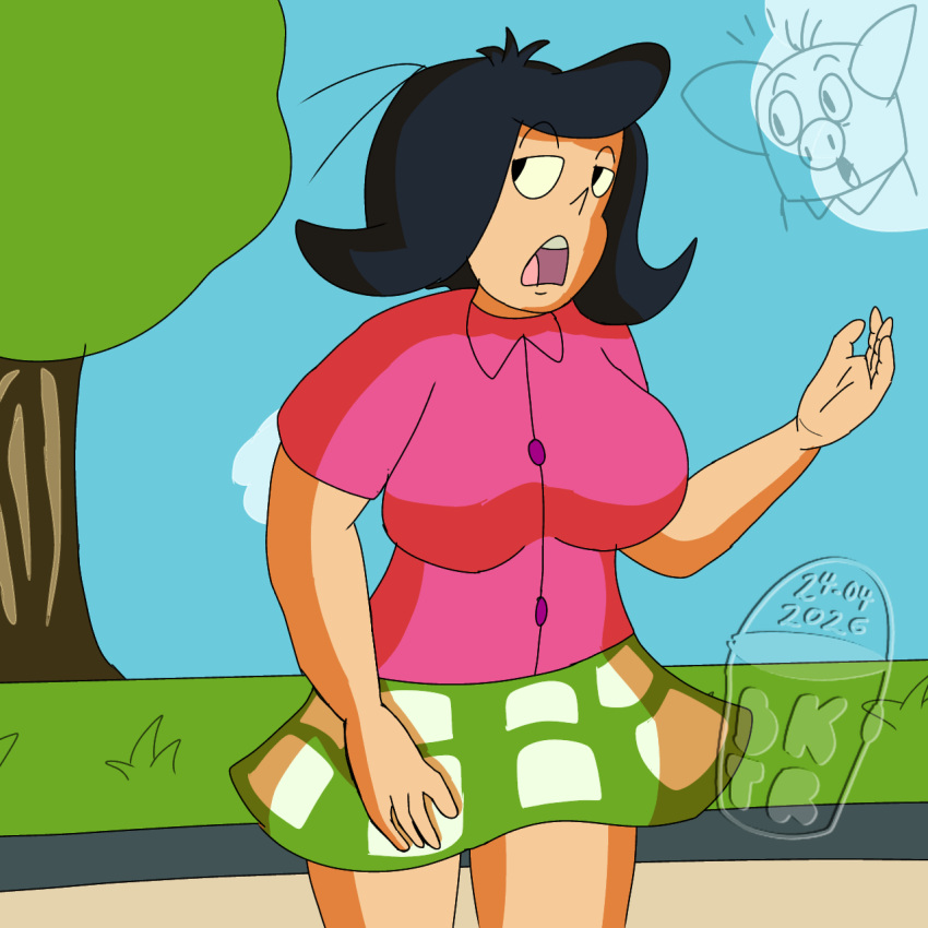 1girl big_ass big_breasts big_hips biruta_animações breasts bucketaroo female_focus female_only ibispaintx mulher_do_narigão_(biruta_animações) open_mouth park pig polo_shirt pussy skirt straight_hair tree