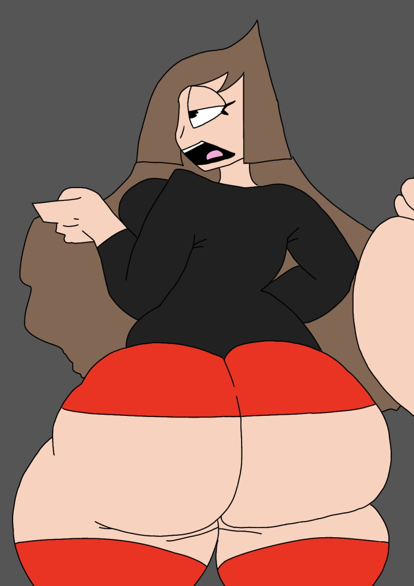1girl aliya_(alphabet_lore_humanized) aliya_oliveira alphabet_(mike_salcedo) ass ass_focus big_ass big_breasts black_eyes breasts brown_hair clothed clothed_female clothing curvaceous female female_only grey_background huge_ass large_ass large_breasts long_hair long_sleeves looking_back microskirt miniskirt nanodude78 open_mouth partially_clothed red_skirt red_thighhighs simple_background skindentation skirt solo susan_bell thick_thighs thighhighs thighs underbutt wide_hips