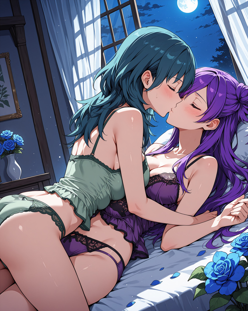 2_girls accurate_art_style alluring bed bedroom byleth_(fire_emblem) byleth_(fire_emblem)_(female) closed_eyes fire_emblem intelligent_systems kissing lingerie medium_breasts nintendo on_bed purple_hair shez_(fire_emblem) shez_(fire_emblem)_(female) teal_hair yuri yuriship.art