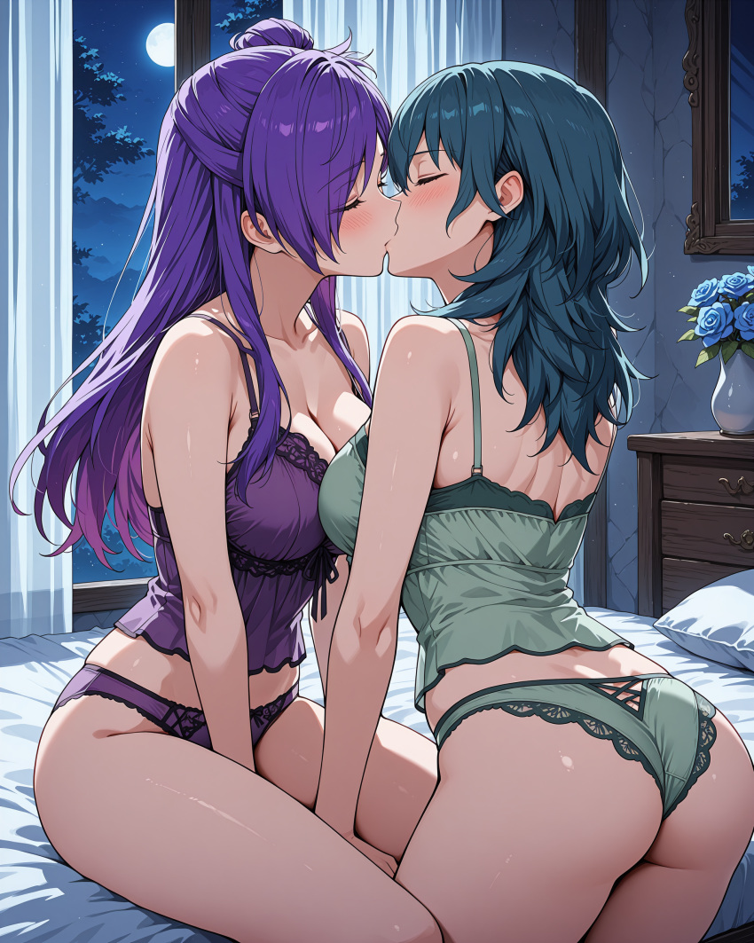 2_girls accurate_art_style alluring bed bedroom byleth_(fire_emblem) byleth_(fire_emblem)_(female) closed_eyes fire_emblem intelligent_systems kissing lingerie medium_breasts nintendo purple_hair shez_(fire_emblem) shez_(fire_emblem)_(female) teal_hair yuri yuriship.art