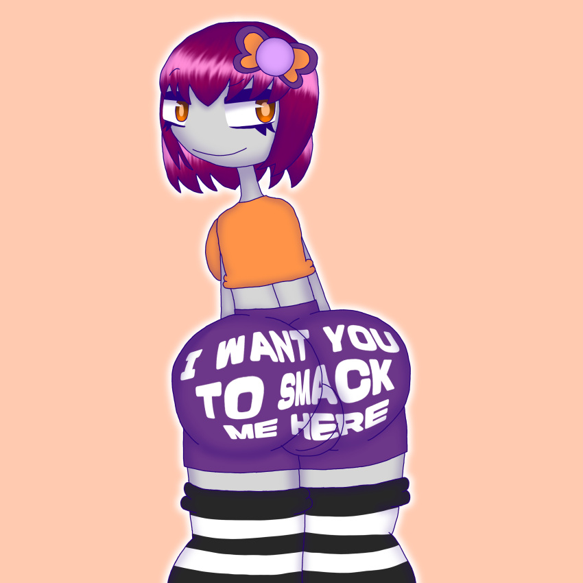 1boy 1femboy absurd_res alternate_version_at_source ass balls big_ass bluesky breasts bright_pupils clothes_writing colored_skin crop_top curiousleviathan english_text femboy_only from_behind gray_skin hair_bow hair_ornament looking_at_viewer looking_back orange_eyes otoko_no_ko purple_hair shirt short_hair shorts simple_background smile stockings striped striped_thighhighs thick_ass thick_thighs trap yuki_(dcaf)