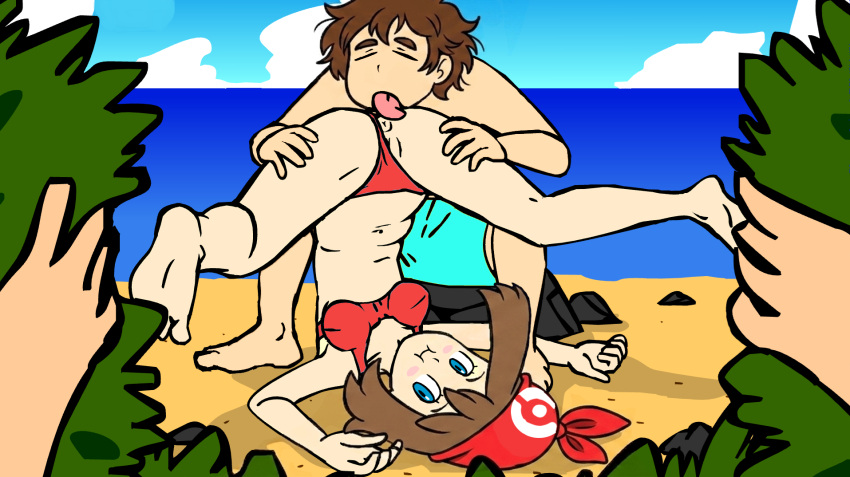 1boy 1girl anus ass beach bikini bikini_aside blue_eyes brown_hair caught feet licking licking_ass light-skinned_female may_(pokemon) nintendo pokemon public sand spread_legs thighs tongue