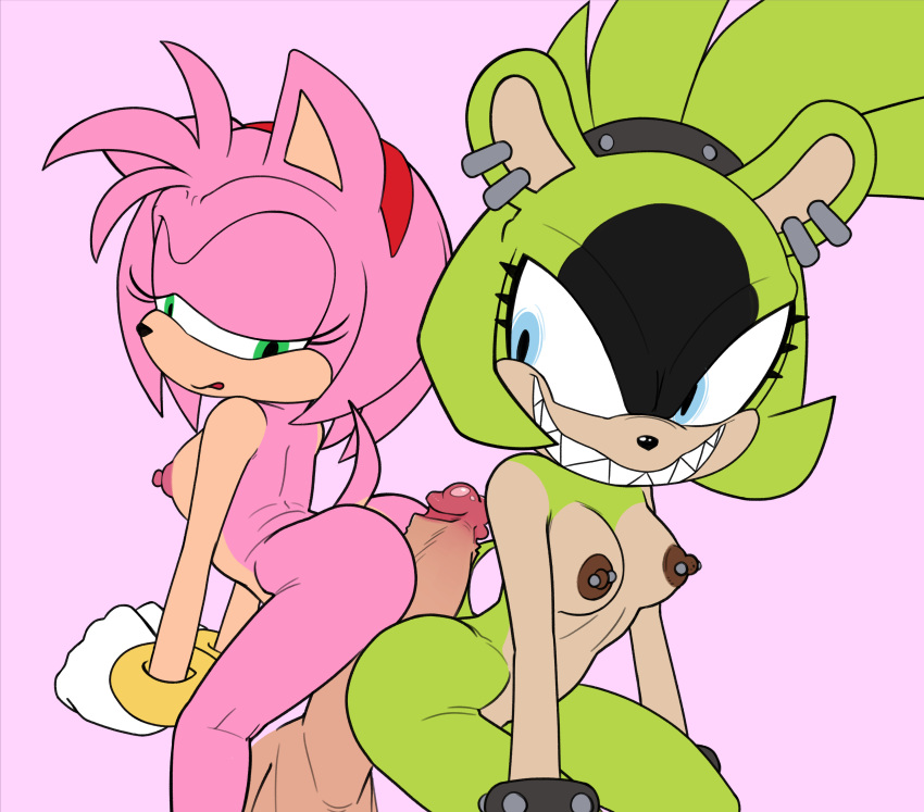 1boy 2_girls amy_rose anthro ass assjob breasts buttjob erection furry grinding idw_publishing nipple_piercing nipples nude nude_female penis penis_on_ass rubbing sega sonic_the_hedgehog_(series) surge_the_tenrec