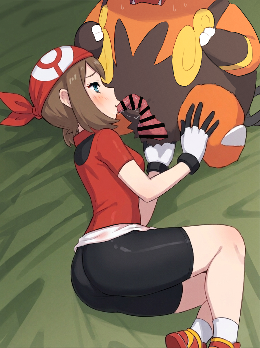 1girl 1girl ass clothed clothed_female fellatio may_(pokemon) nintendo on_side penis pokemon pokemon_(species) pokephilia shorts solo_female solo_focus