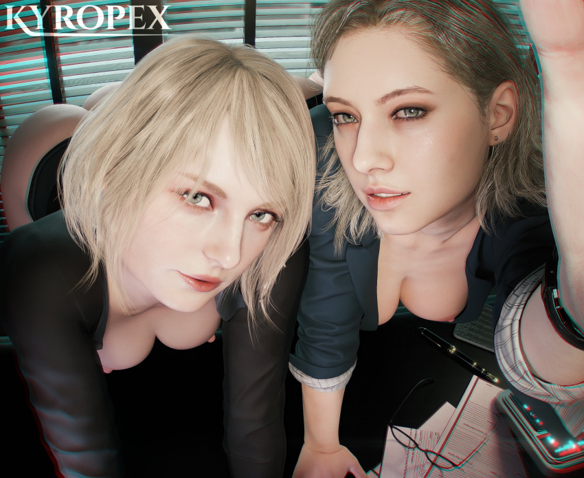 1girl 2_girls 3d 3d_(artwork) 3d_render ashley_graham ashley_graham_(ella_freya) ass big_breasts biohazard biohazard_4 blazer blender blonde blonde_female blonde_hair blue_eyes bob_cut bottomless_female breasts breasts_out capcom clothed_female earrings female_focus female_only girly glasses glasses_removed grace_ashcroft grace_ashcroft_(julia_pratt) kyropex light-skinned_female nipples office office_clothing office_lady render reside resident resident_evil resident_evil_4 resident_evil_4_(remake) resident_evil_4_remake resident_evil_9 resident_evil_9:_requiem resident_evil_requiem seductive_look selfpic short_hair take_your_pick twitter wavy_hair