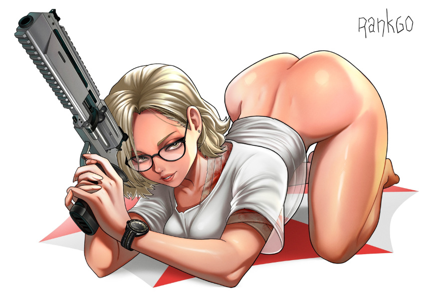 1girl 2d ass ass_up biohazard blonde_hair blue_eyes bottomless bubble_butt capcom female_focus female_only firearm glasses grace_ashcroft grace_ashcroft_(julia_pratt) gun hourglass_figure rankgo requiem_(gun) resident_evil resident_evil_9 resident_evil_9:_requiem resident_evil_requiem revolver t-shirt tagme weapon wide_hips