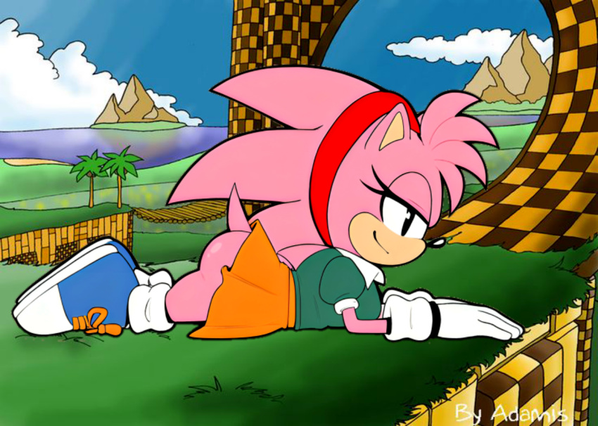 1girl adamis ai-generated ai_assisted ai_generated ass black_eyes classic_amy_rose female_focus furry furry_female gloves green_hill_zone hairband lying meadow miniskirt no_panties on_stomach pink_fur sega sonic_(series) sonic_the_hedgehog_(series) tail younger_female