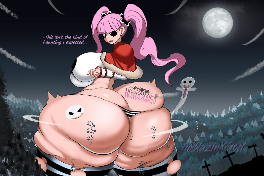 1girl ass assquake big_ass big_breasts blazinxgen breasts debris destruction earthquake falling_debris giantess gigantic_ass huge_ass huge_breasts one_piece perona shounen_jump
