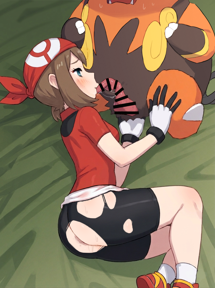 1girl ass clothed clothed_female fellatio may_(pokemon) nintendo on_side penis pokemon pokemon_(species) pokephilia ripped_clothing shorts solo_female solo_focus